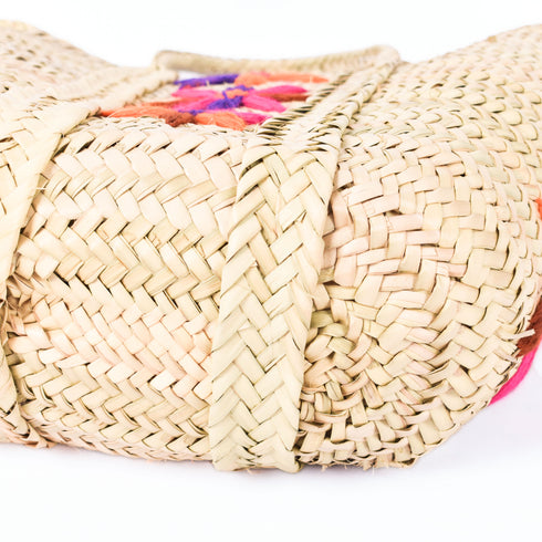 Large Bohemian Violet Stars - Embroidered Straw Basket Market Tote